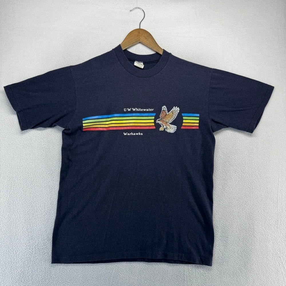 Vintage Velva Sheen Shirt Mens XL Navy UW Whitewater Warhawks Rainbow Stripe 70s